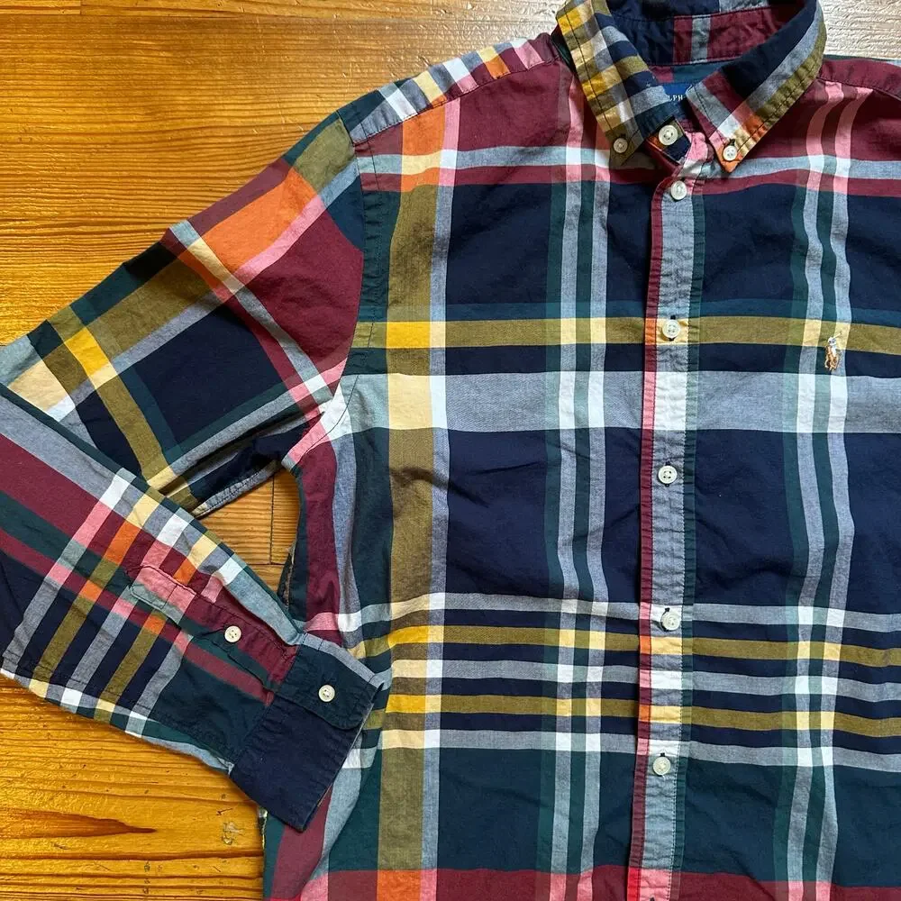 Ralph Lauren navy red yellow plaid‎ pattern long sleeve button up shirt SIZE 18